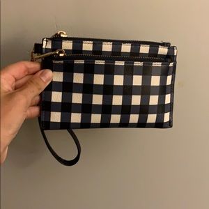 Navy and white criss cross pattern wristlet